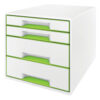 Cabinet cu sertare Leitz WOW, 4 sertare, PS, A4, cu tavita organizare, culori duale, alb-verde Cabinet cu sertare Leitz WOW, 4 sertare, PS, A4, cu tavita organizare, culori duale, alb-verde