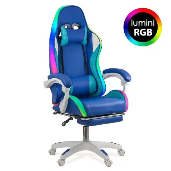 Scaun gaming cu iluminare RGB si suport pentru picioare OFF 298 albastru Scaun gaming cu iluminare RGB si suport pentru picioare OFF 298 albastru